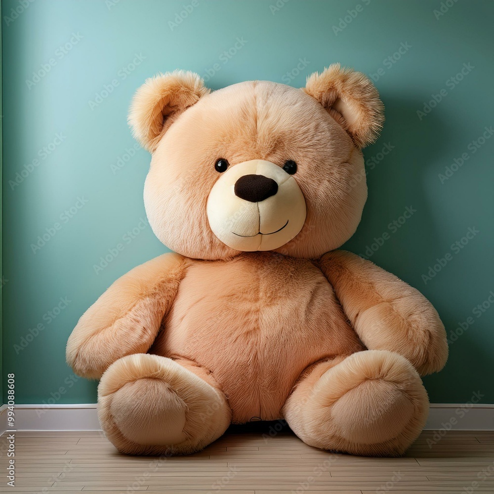 A large, soft, and cuddly teddy bear sitting against a pastel green wall. Perfect for children’s room decor, toy advertising, or conveying comfort and warmth in design projects. A large, soft, and cuddly teddy bear sitting against a pastel green wall. Perfect for children’s room decor, toy advertising, or conveying comfort and warmth in design projects.