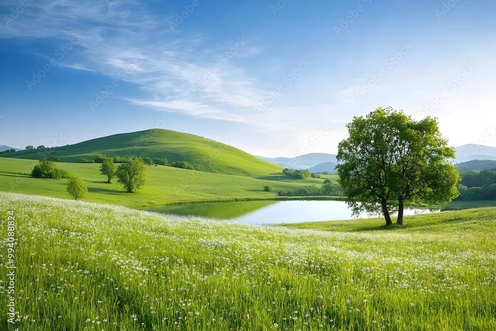 Obraz premium Serene Pastoral Landscape with Vibrant Meadow Tranquil Lake and Soft Impressionist Lighting