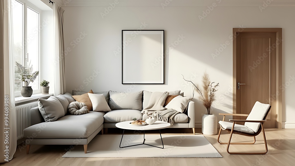 Obraz premium A Scandinavian-style living room with neutral tones, featuring minimalist furniture and natural elements. The cozy, light-filled space exudes simplicity, warmth, and modern elegance.