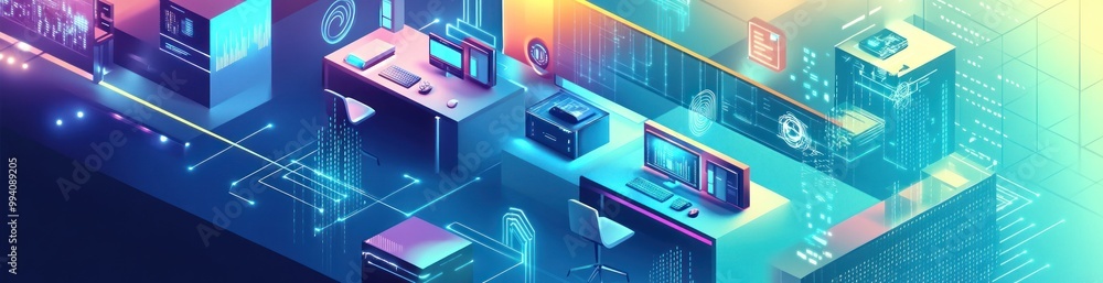 Futuristic digital workspace with computers and data visualizations. Futuristic digital workspace with computers and data visualizations.