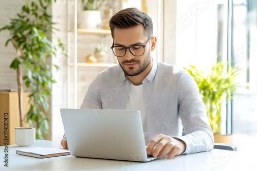 Successful businessman working intently on laptop computer in contemporary office workspace,focused on productivity,strategy and business development.