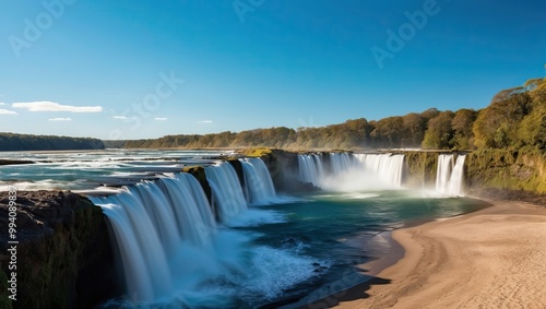 Breathtaking waterfall cascading into river with serene blue waters under bright sky, ideal for travel adventures and nature photography.
