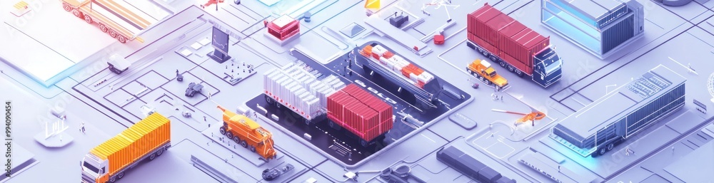 A digital illustration of a logistics hub with trucks and containers. A digital illustration of a logistics hub with trucks and containers.