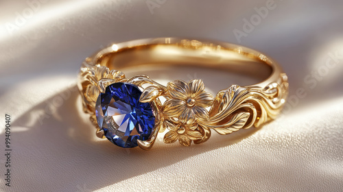 Ornate Art Nouveau inspired ring with floral design and blue gemstone, showcasing intricate craftsmanship and elegance. This stunning piece captures beauty and sophistication