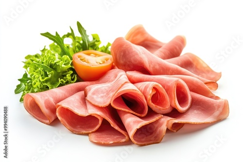 Thinly Sliced Ham boiled sausage isolated on white background