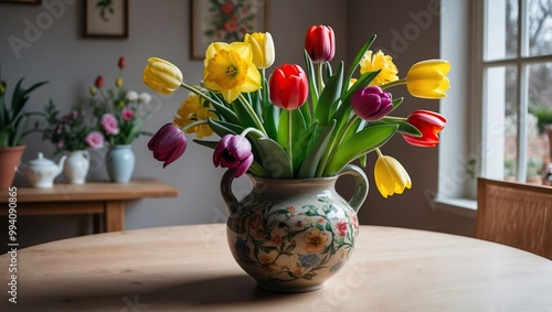Wallpaper Mural Vibrant floral arrangement of tulips and daffodils in a decorative vase, enhancing interior space with colors and freshness, ideal for spring decor. Torontodigital.ca