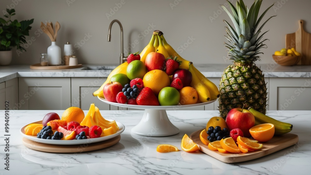 Vibrant assortment of fresh fruits including bananas, strawberries, and pineapple elegantly arranged in a modern kitchen setting. Vibrant assortment of fresh fruits including bananas, strawberries, and pineapple elegantly arranged in a modern kitchen setting.