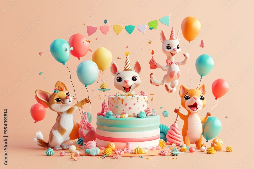 A festive scene with cute animals celebrating a birthday with a cake and balloons. A festive scene with cute animals celebrating a birthday with a cake and balloons.