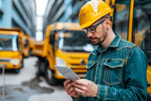 Construction Manager Reviews Plans on Digital Tablet, Efficiency in Logistics and Site Supervision.