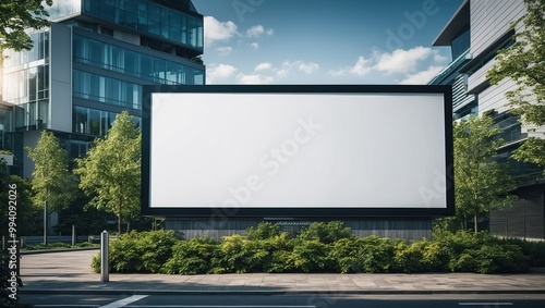 Modern empty billboard in urban environment surrounded by greenery and buildings, ideal for advertising campaigns or promotional displays. photo