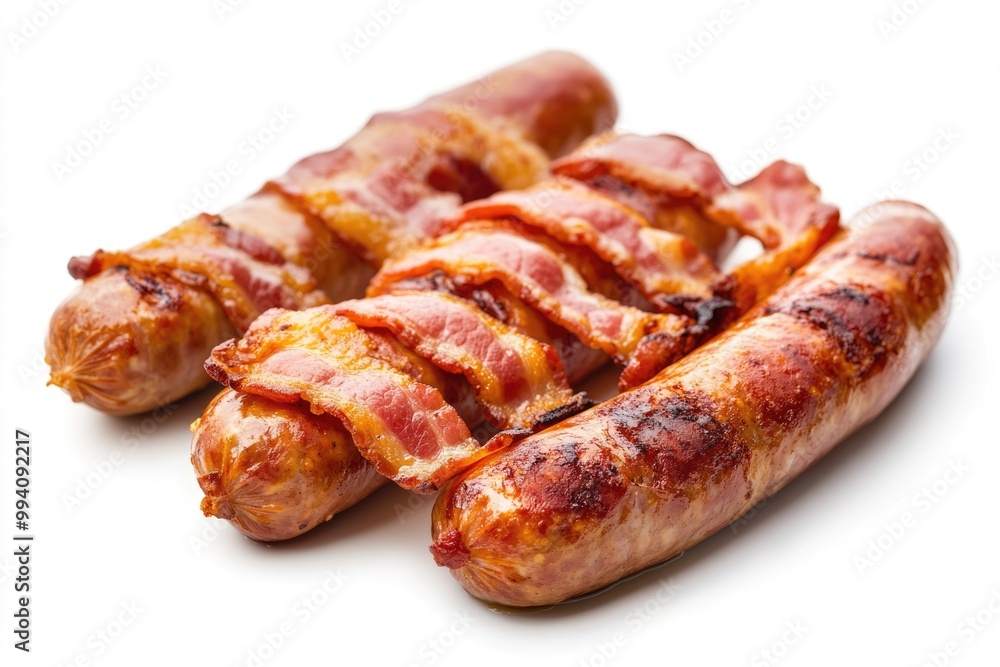 Boiled sausage with bacon isolated on white background. Boiled sausage with bacon isolated on white background.