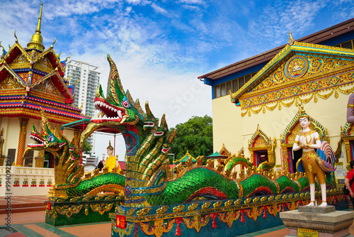 Pair of Naga or snake-dragon statues, mythical protector being outside the main entrance to the Wat Chaiyamangkalaram Thai Theravada Buddhist temple built in 1845 in Georgetown,Penang,Malaysia