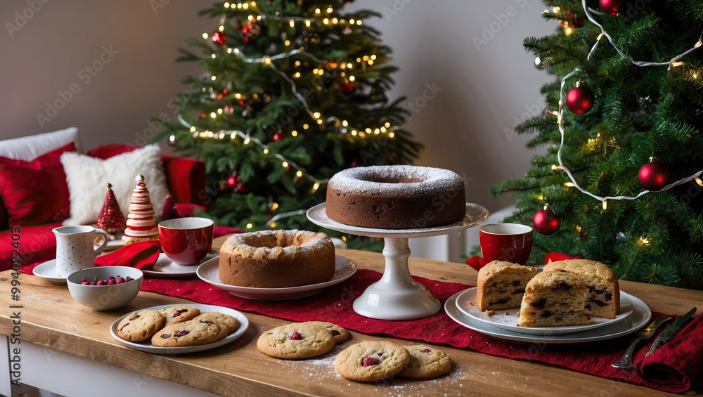 Festive dessert table features cookies, cakes, and hot cocoa, perfect for Christmas celebrations, evoking warmth and joyful gatherings. Festive dessert table features cookies, cakes, and hot cocoa, perfect for Christmas celebrations, evoking warmth and joyful gatherings.