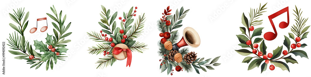 Fototapeta premium Collection of festive Christmas wreaths with holiday ornaments and decorations on a white isolated background. transparent background