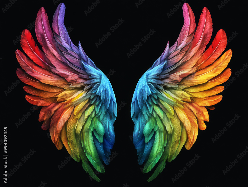 Fototapeta premium Pure White Angel Wings Black Angel Wings Rainbow Wings Isolated on Black