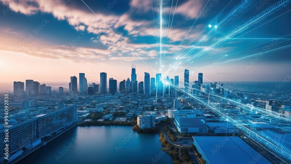 Fototapeta premium Dynamic city skyline with futuristic tech elements, showcasing modern architecture and vibrant atmosphere at sunset, ideal for urban innovation concepts.