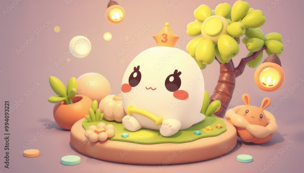 Cute cartoon character with a crown sitting on a platform in a whimsical setting. Cute cartoon character with a crown sitting on a platform in a whimsical setting.