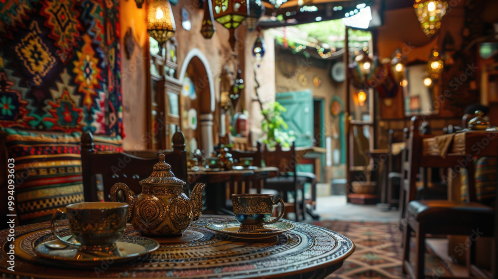 Obraz premium Cozy Traditional Middle Eastern Cafe with Ornate Decor and Authentic Tea Set on Table