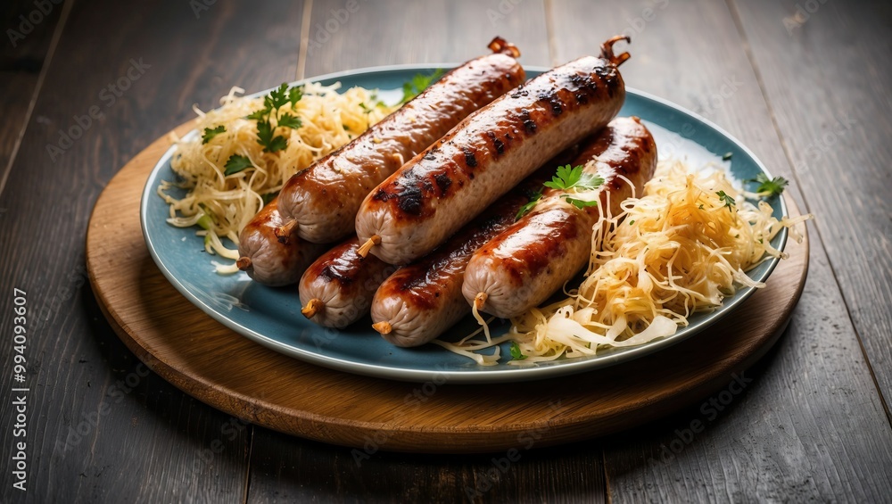 Grilled sausages served on a plate with sides of sauerkraut, showcasing a gourmet meal perfect for gatherings and celebrations. Grilled sausages served on a plate with sides of sauerkraut, showcasing a gourmet meal perfect for gatherings and celebrations.