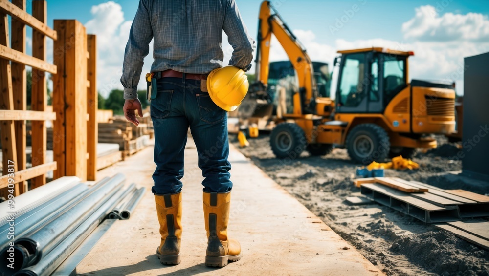Construction worker oversees machinery and progress at building site, emphasizes labor and teamwork on project under clear blue sky. Construction worker oversees machinery and progress at building site, emphasizes labor and teamwork on project under clear blue sky.