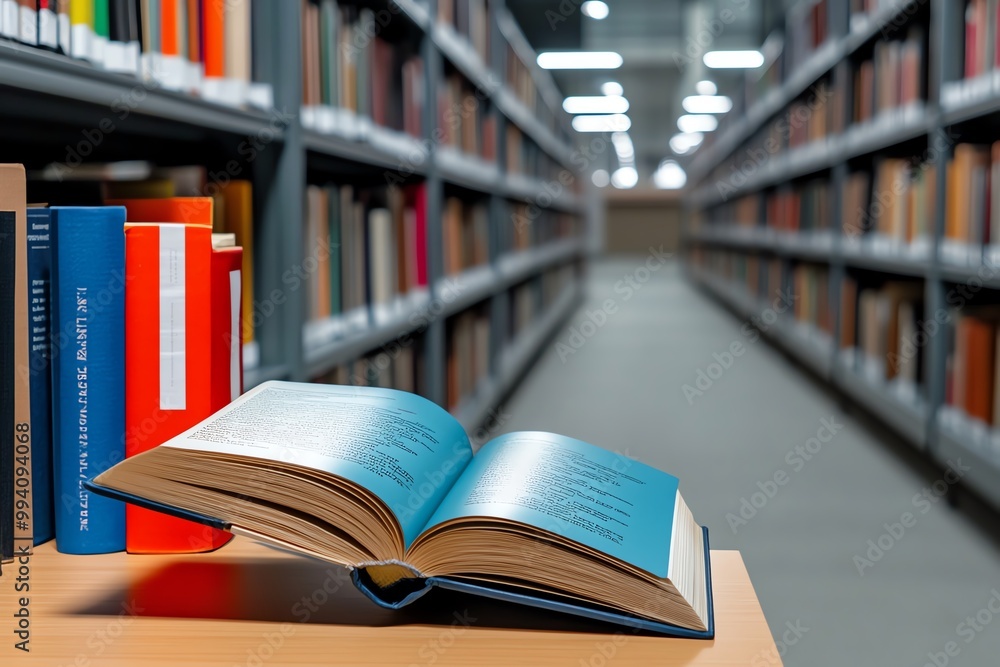 A minimalist library aisle, with rows of neatly organized bookshelves and a single book slightly pulled out A minimalist library aisle, with rows of neatly organized bookshelves and a single book slightly pulled out