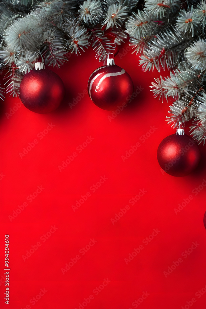 New Year red background with Christmas red balls and blue spruce branches. Phone background. New Year red background with Christmas red balls and blue spruce branches. Phone background.