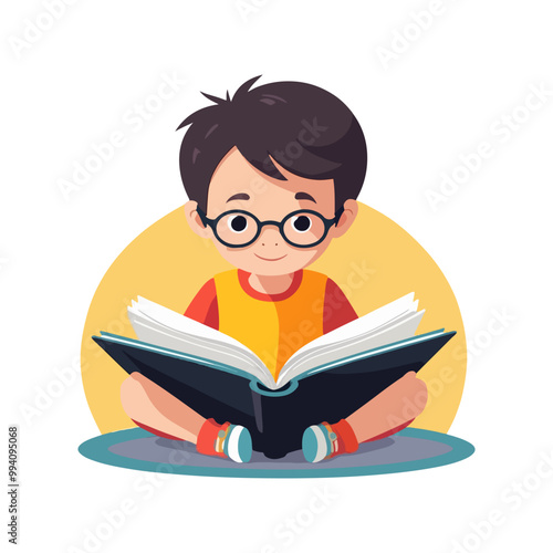 A little child is busy reading a book