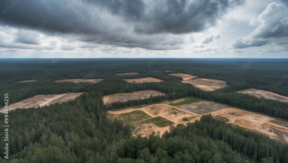 Fototapeta premium Aerial view of forest landscape showing cleared land under cloudy sky, highlighting environmental changes and potential land use.