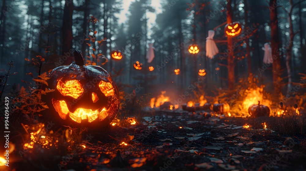 A Halloween campfire scene with teens, glowing pumpkins, skeletons hanging from trees, ghost decorations hovering in the background, firelight casting long spooky shadows, dark forest behind them, A Halloween campfire scene with teens, glowing pumpkins, skeletons hanging from trees, ghost decorations hovering in the background, firelight casting long spooky shadows, dark forest behind them,