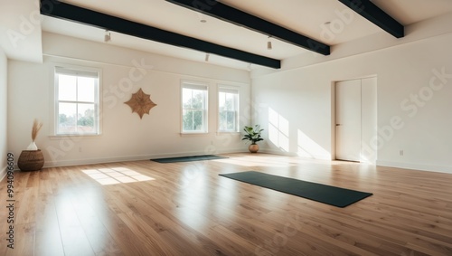 Bright  spacious yoga studio with wooden floors and large windows  perfect for mindfulness and relaxation exercises focusing on health and wellness.