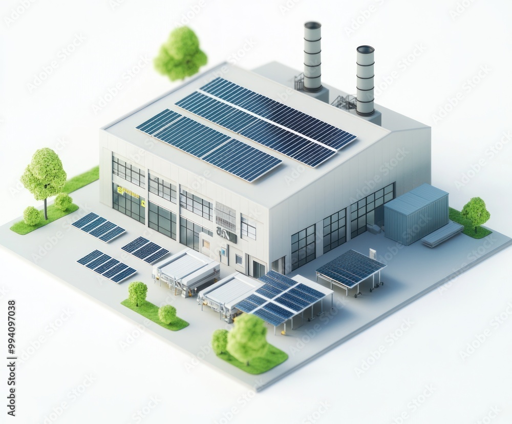 A modern industrial building with solar panels, promoting renewable energy and sustainability. A modern industrial building with solar panels, promoting renewable energy and sustainability.