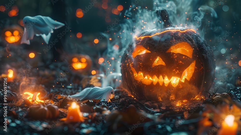 A Halloween campfire storytelling scene with teens, jack-o'-lanterns glowing brightly, ghost decorations floating nearby, firelight casting eerie shadows, mist covering the dark forest floor, A Halloween campfire storytelling scene with teens, jack-o'-lanterns glowing brightly, ghost decorations floating nearby, firelight casting eerie shadows, mist covering the dark forest floor,