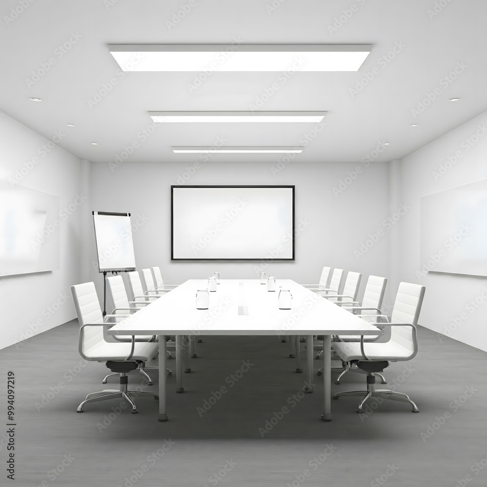Fototapeta premium Modern White Conference Room with Whiteboard and Table