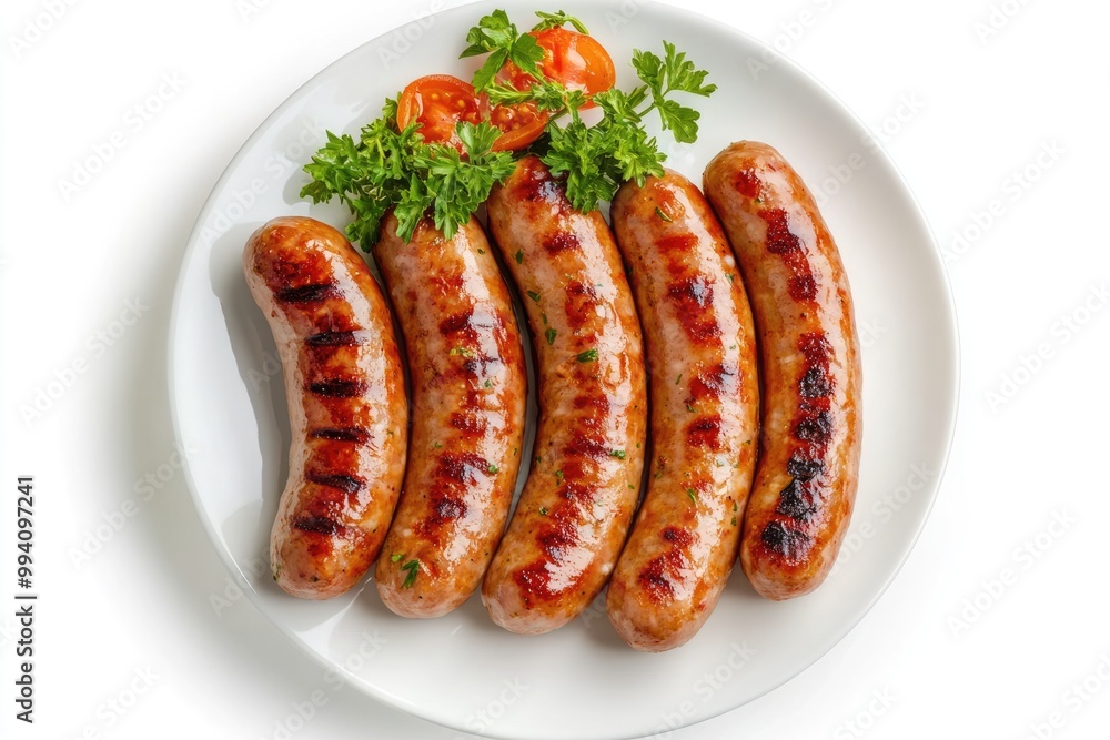 Grilled sausages on white plate. Top view. Clipping path. Grilled sausages on white plate. Top view. Clipping path.