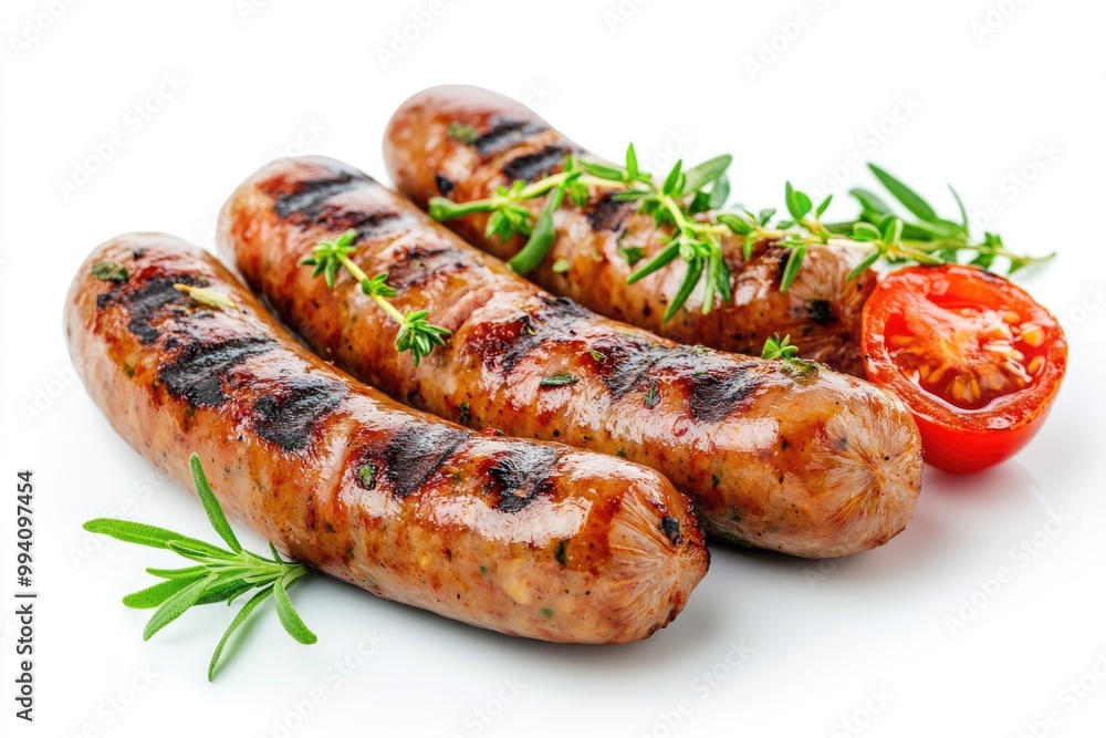 grilled sausages with herbs and tomato isolated on white background grilled sausages with herbs and tomato isolated on white background