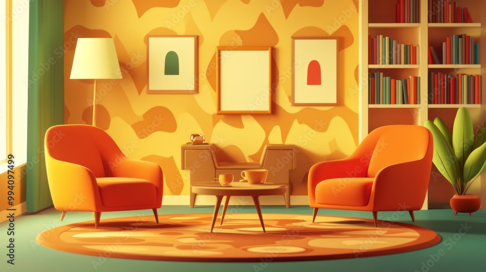 A cozy living room with orange furniture, warm lighting, and decorative elements. A cozy living room with orange furniture, warm lighting, and decorative elements.