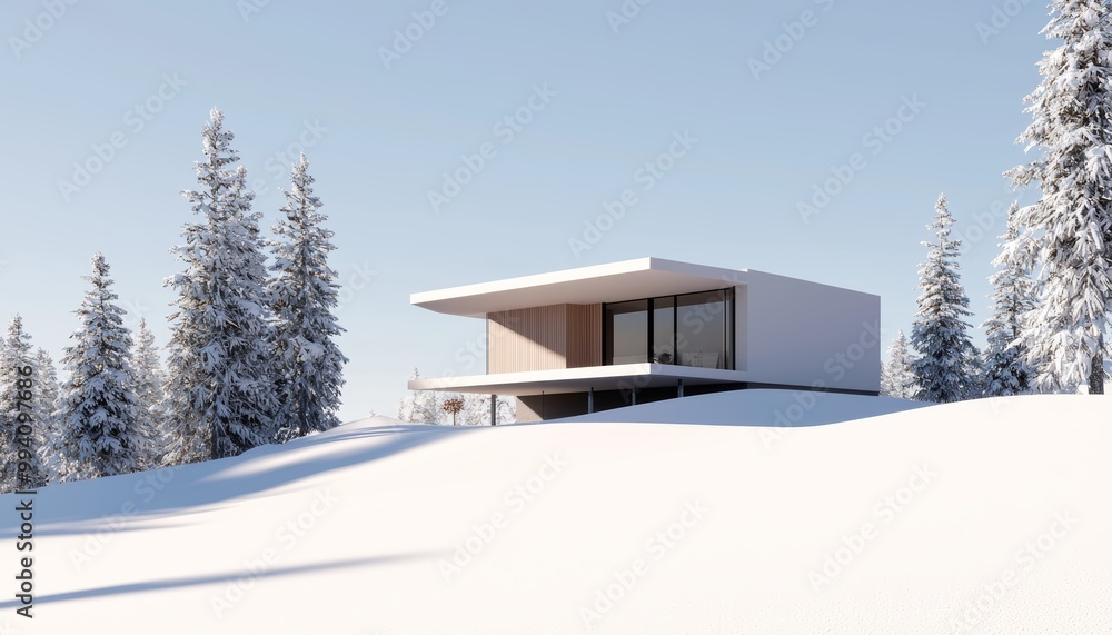 Modern architecture house in a snowy landscape surrounded by evergreen trees under a clear blue sky. Modern architecture house in a snowy landscape surrounded by evergreen trees under a clear blue sky.