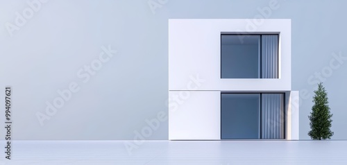Modern architecture featuring a minimalistic white building with large windows and greenery on a clear backdrop.