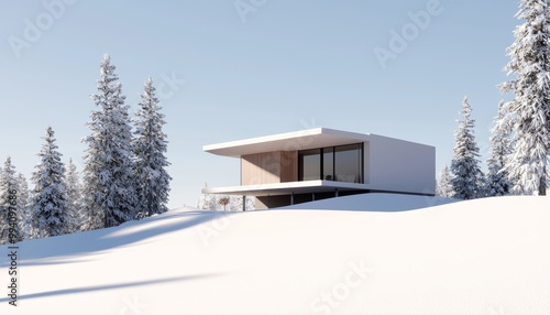 Modern architecture house in a snowy landscape surrounded by evergreen trees under a clear blue sky. photo