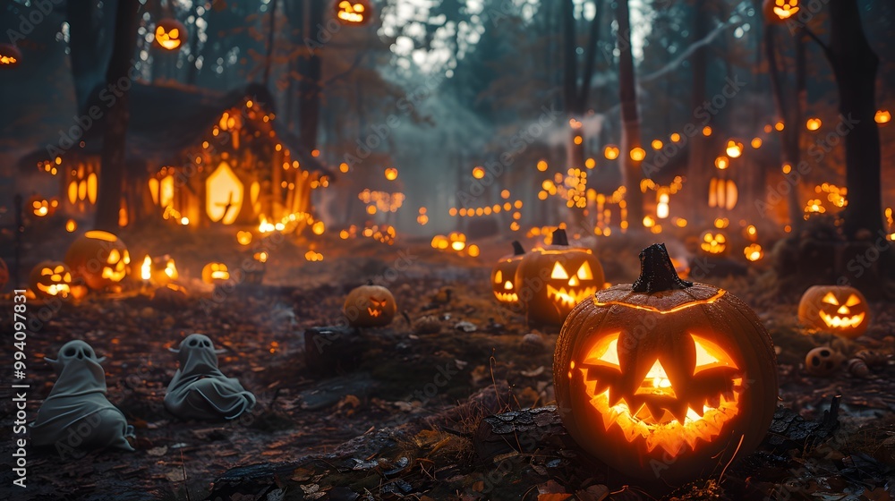 A Halloween night campfire scene with teens telling ghost stories, glowing jack-o'-lanterns and ghost decorations surrounding them, firelight creating long spooky shadows, A Halloween night campfire scene with teens telling ghost stories, glowing jack-o'-lanterns and ghost decorations surrounding them, firelight creating long spooky shadows,