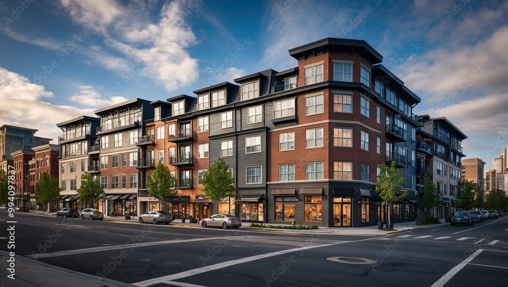 Modern residential building in urban setting, showcasing contemporary architecture and inviting street environment, ideal for city living and community engagement. Modern residential building in urban setting, showcasing contemporary architecture and inviting street environment, ideal for city living and community engagement.