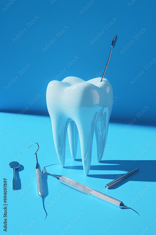 Dental care essentials on blue background: Tooth models, toothbrush, dental implants, and tools showcasing oral hygiene, dentistry, and modern dental care. Dental care essentials on blue background: Tooth models, toothbrush, dental implants, and tools showcasing oral hygiene, dentistry, and modern dental care.