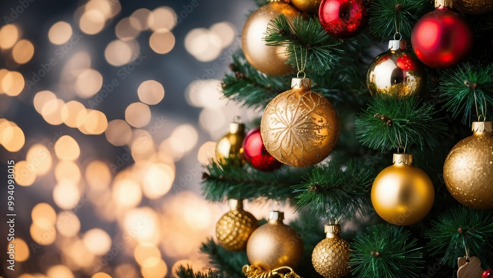 Vibrant Christmas tree adorned with gold and red ornaments against a soft bokeh background. Perfect for holiday celebrations and festive decor. Vibrant Christmas tree adorned with gold and red ornaments against a soft bokeh background. Perfect for holiday celebrations and festive decor.