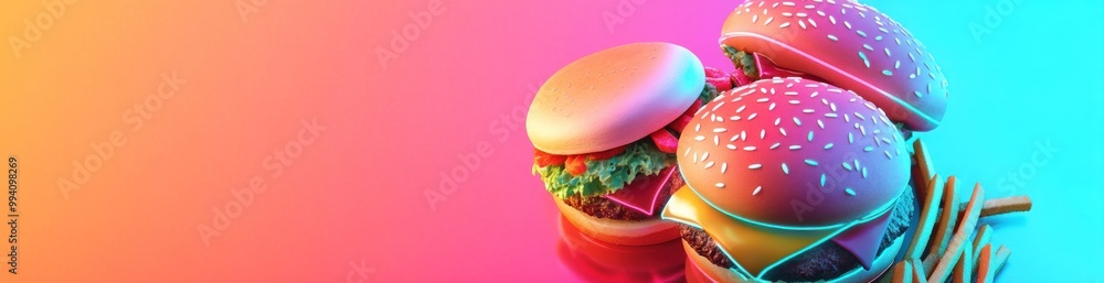 A colorful digital illustration of burgers and fries against a vibrant gradient background. A colorful digital illustration of burgers and fries against a vibrant gradient background.