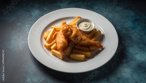 Crispy fried fish served with golden fries and tangy sauce on a white plate, evoking comfort and indulgence in culinary delights.