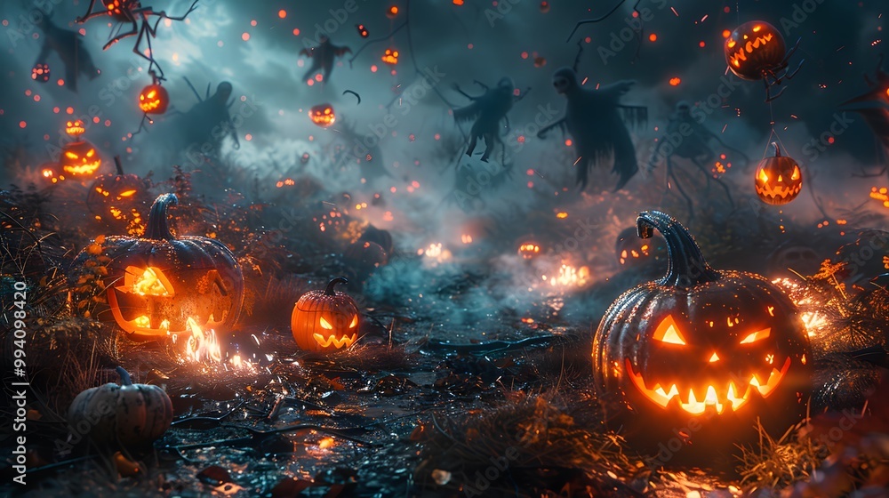 A Halloween-themed campfire scene with teens telling ghost stories, surrounded by glowing jack-o'-lanterns, floating ghost decorations, and hanging skeletons, firelight casting spooky shadows, A Halloween-themed campfire scene with teens telling ghost stories, surrounded by glowing jack-o'-lanterns, floating ghost decorations, and hanging skeletons, firelight casting spooky shadows,