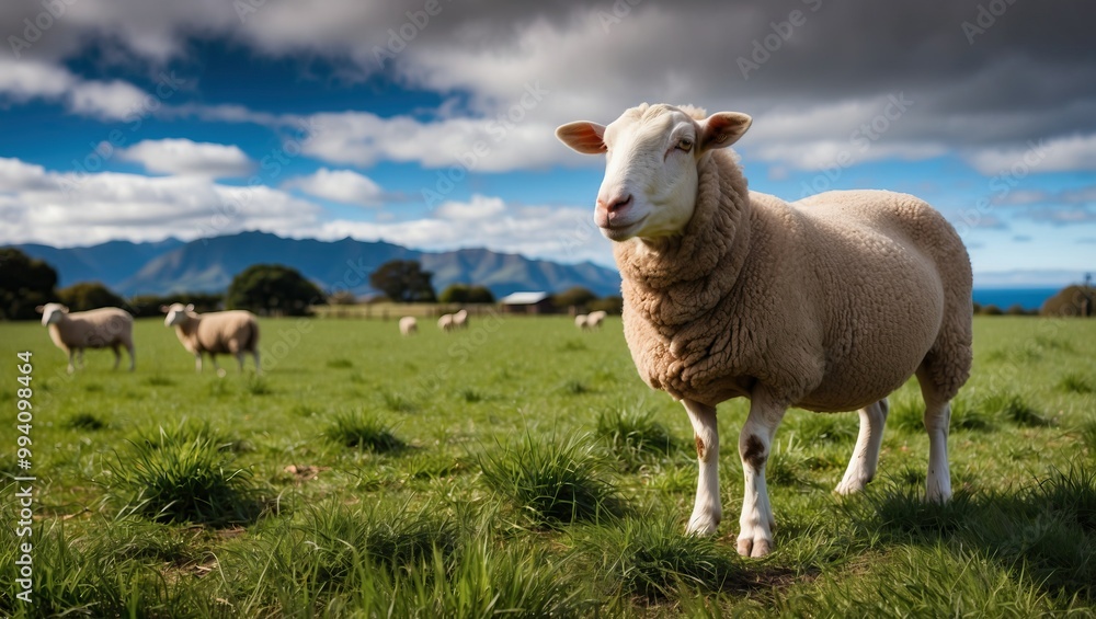 Sheep grazing on lush green pasture with mountains and blue sky in background, presenting a tranquil rural landscape and agricultural farming scene. Sheep grazing on lush green pasture with mountains and blue sky in background, presenting a tranquil rural landscape and agricultural farming scene.