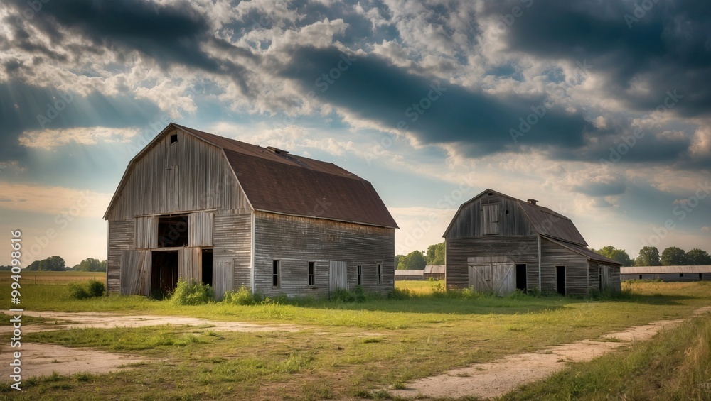 Two weathered wooden barns in an expansive rural landscape under a dramatic sky, evoking tranquility and the charm of traditional farming life. Two weathered wooden barns in an expansive rural landscape under a dramatic sky, evoking tranquility and the charm of traditional farming life.