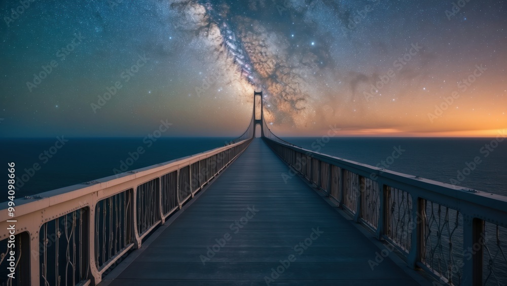 Fototapeta premium Stunning night view of a bridge leading into the starry galaxy, showcasing vast ocean and serene atmosphere, perfect for travel and exploration themes.