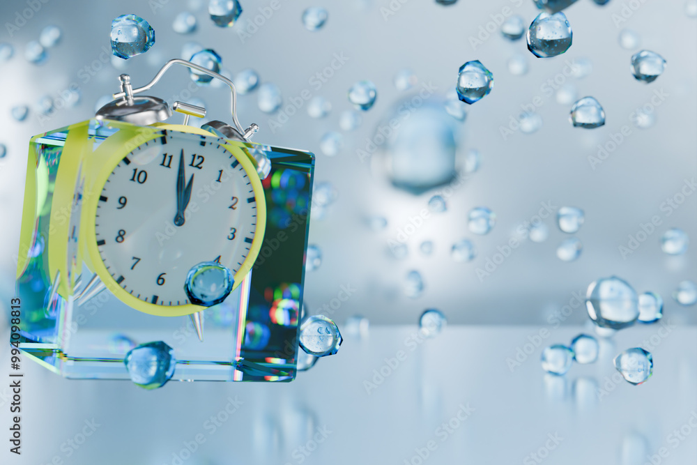 Fototapeta premium A clock submerged in water, surrounded by bubbles, symbolizing the passage of time. 3d rendering